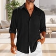 thumbnail image 3 of LZHGirlshop Men's Linen Shirts Casual Button Down Shirt Solid Color Long Sleeve Turn-down Collar with Pocket Tops,Black,2XL, 3 of 6