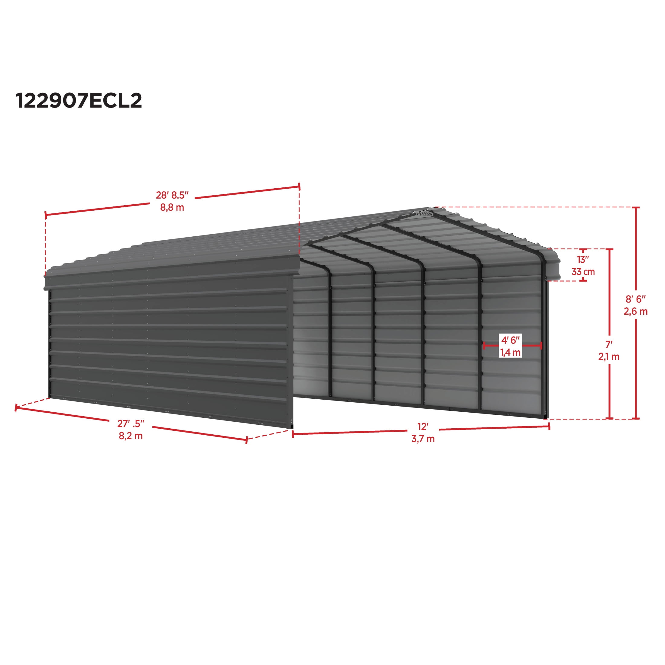 Arrow 12 x 29 x 7 ft Charcoal Steel Carport With 2 Side Wall Kit