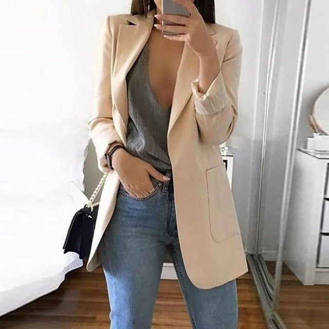 EGNMCR Womens Casual Loose Blazers Solid Color Long Sleeve Cardigans with Pockets Work Office Jacket Blazer