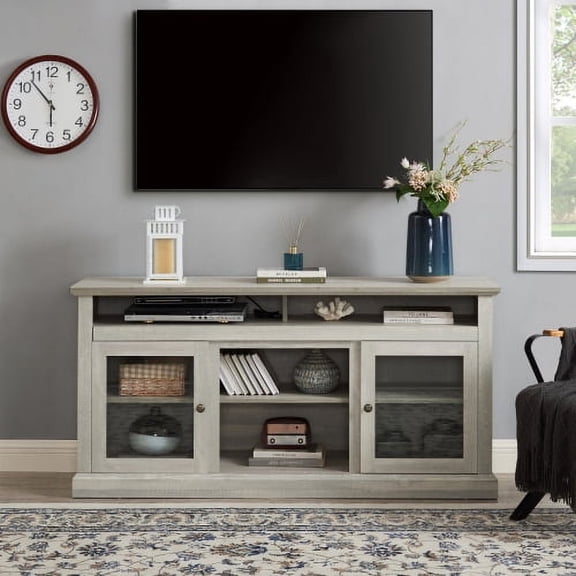 60" Modern Farmhouse TV Stand for up to 65 Inch TV, Entertainment Center with Glass Doors and Cable Management, Stone Gray Media Console for Living Room