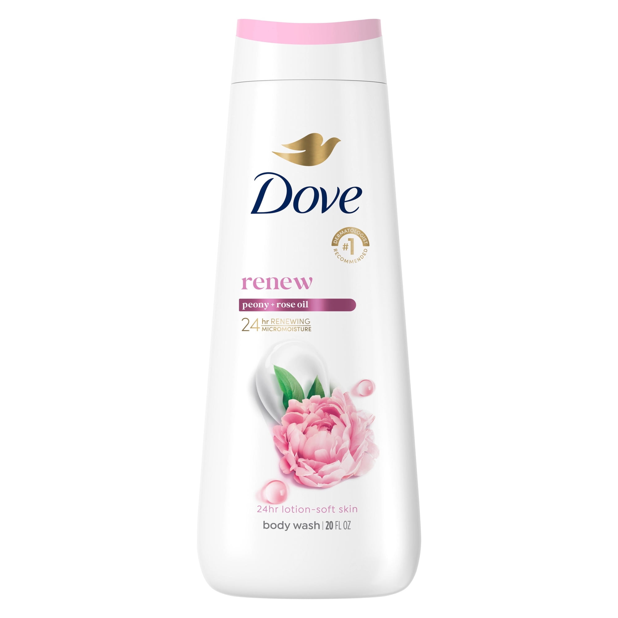 Dove Body Wash for 24hr Lotion-Soft Skin Renew Peony & Rose Oil Moisturizing Skin Cleanser with No Sulfates No Parabens, 20 fl oz