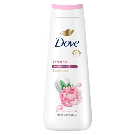 Dove Body Wash for 24hr Lotion-Soft Skin Renew Peony & Rose Oil Moisturizing Skin Cleanser with No Sulfates No Parabens, 20 fl oz
