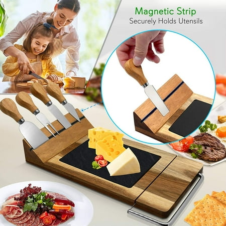 NutriChef Bamboo Cheese Serving Board Tray PKCZBD50 - Natural, Black - Natural, Black