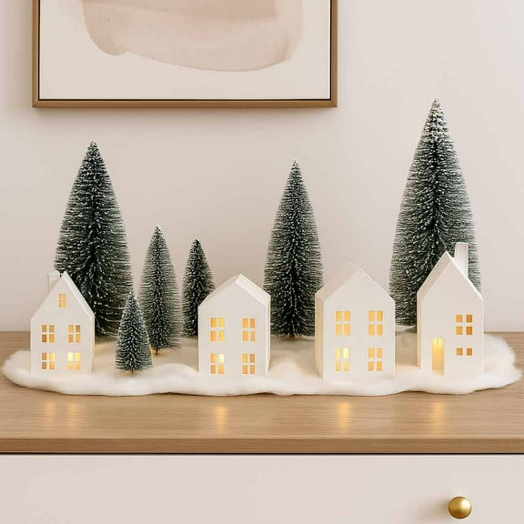 Pre-Lit Christmas Village Set Lighted Winter Village Display with LED Lights Festive Mantel Decor Tabletop Christmas Decorations Ready to Display Holiday Centerpiece