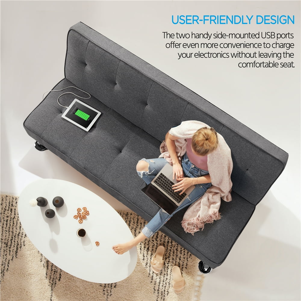 Alden Design 66" Modern Fabric Convertible Futon Sofa Bed with USB, Charcoal