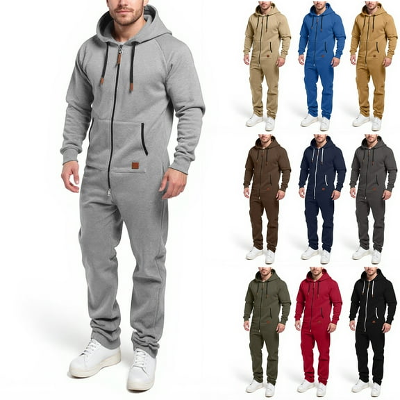 Men's Hooded Jumpsuit Zip Up Pajamas Playsuit Jogger Sweatsuit Overall Romper, Fleece-Lined for Winter Lounge and Comfortable Sleepwear,Army Green,L