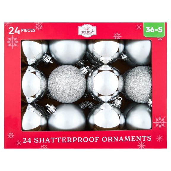 24-Count Silver Ball Shatterproof Christmas Ornaments, 2.8", by Holiday Time