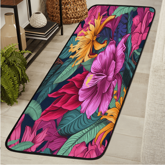 CURLYOOT Hawaii Floral Tropical Palm Leaves Runner Rug 2'x6' Washable Kitchen Runner Rug Indoor Non Slip Laundry Rugs Floor Carpet for Hallway Kitchen Entryway Bedroom Living Room