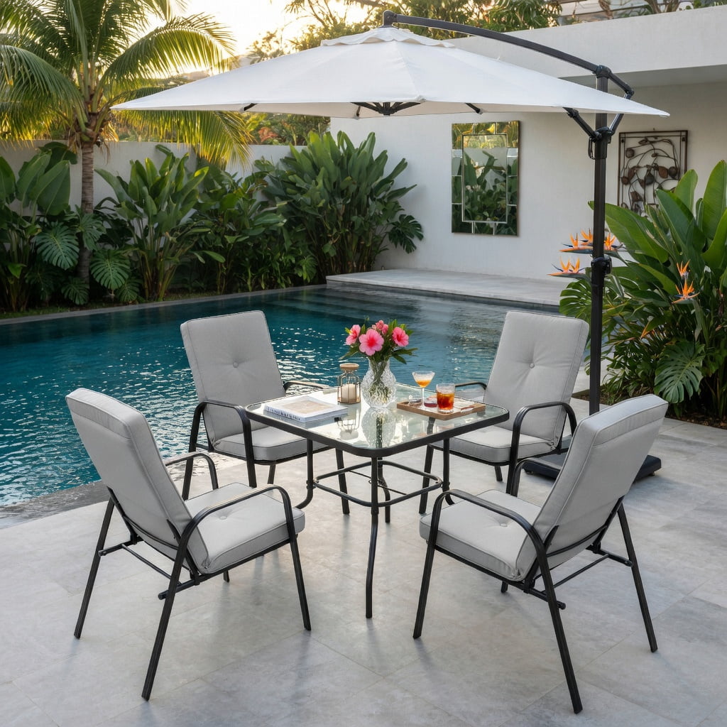 Hommoo 4-Pack Stackable Outdoor Dining Chairs with High-Back Cushions, Heavy-Duty Steel Frame, Rust-Resistant Powder-Coated Finish, Indoor/Outdoor Use, Gray