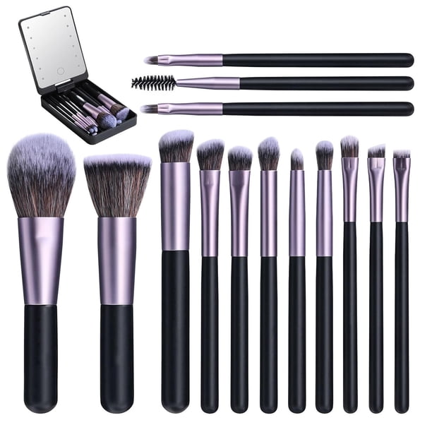 Juego de brochas de maquillaje de viaje con espejo de luz LED, correctores, sombras de ojos, juego de maquillaje, espejo de maquillaje plegable, mini espejos, juego de brochas de maquillaje, kit de br