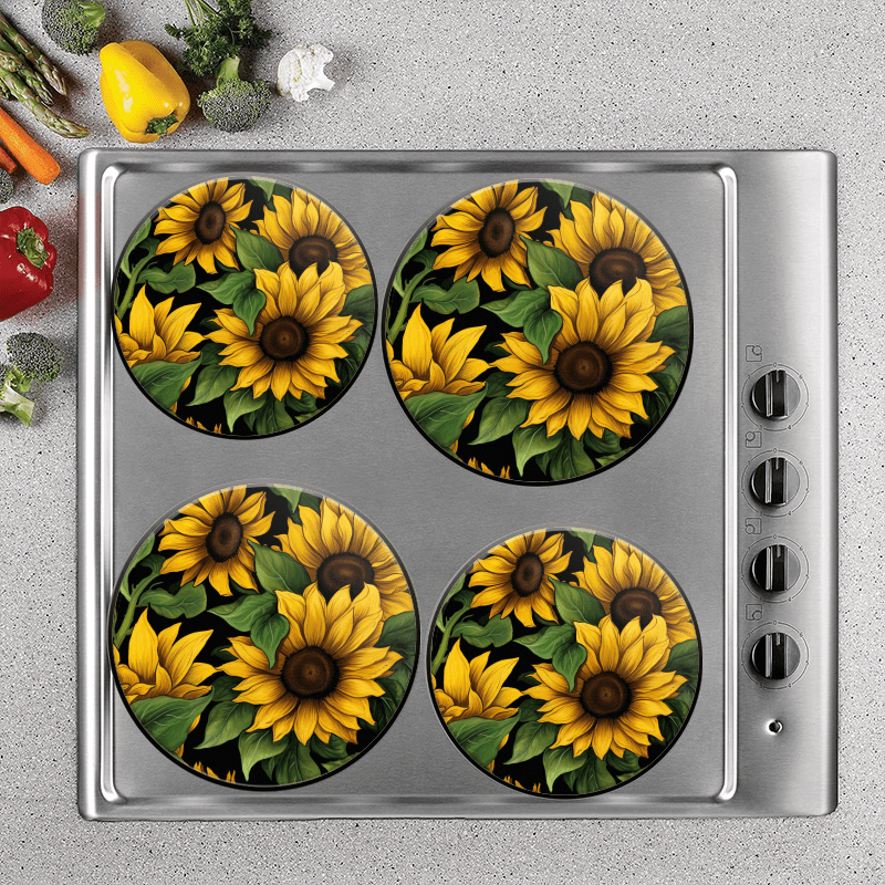 Bahomeck Electric Stove Burner Covers Set Of 4,Seamless Pattern Of Sunflowers With Green Leaves On Black Background Metal Gas Stove Burner Covers,Protecting Gas Stoves,8 Inch And 10 Inch