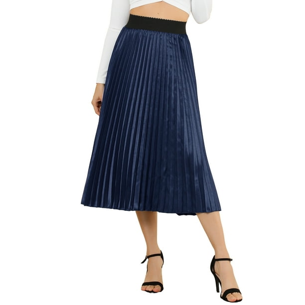 Allegra K Women's Skirt Elastic Waist A-Line Accordion Metallic Pleated  Midi Skirts