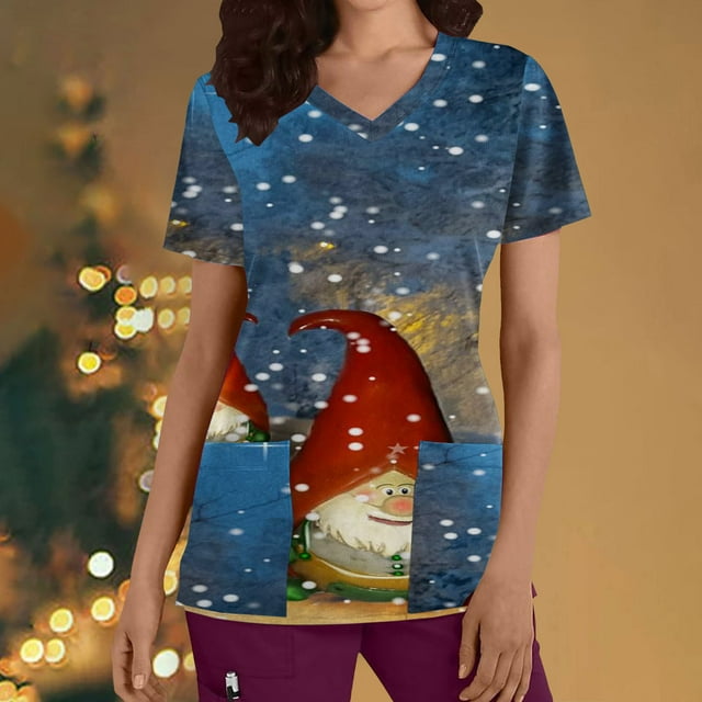 LSLJS Mode Femme Manches Courtes Col en V Hauts Uniforme de Travail Imprimé de Noël avec Poche Blouse Hauts, Hauts de Gommage de Noël