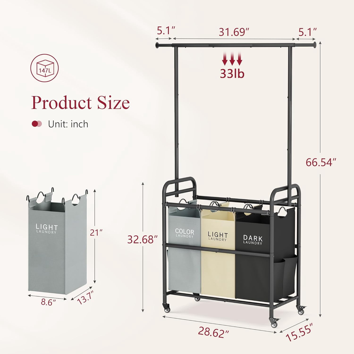Laundry Sorter Cart with Hanging Clothes Rack, 3 Butler Sorter Basket Organizer, Laundry Hamper Cart with Heavy Duty Rolling Lockable Wheels, 3 Colors