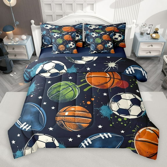 Castle Fairy Teens Volleyball Soccer Football 7-Piece Twin Bedding Sets,Sport Gamer Bedding Comforter Set,Graffiti Splash Breathable Sheet Sets,Lightweight Room Decor
