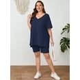 thumbnail image 3 of SHOWMALL Women Plus Size Outfits Set Soft Loungewear Navy Blue 2X Summer 2-Piece Pajamas Short Sleeves and Bliker Shorts Lounge Sets for Women, 3 of 7
