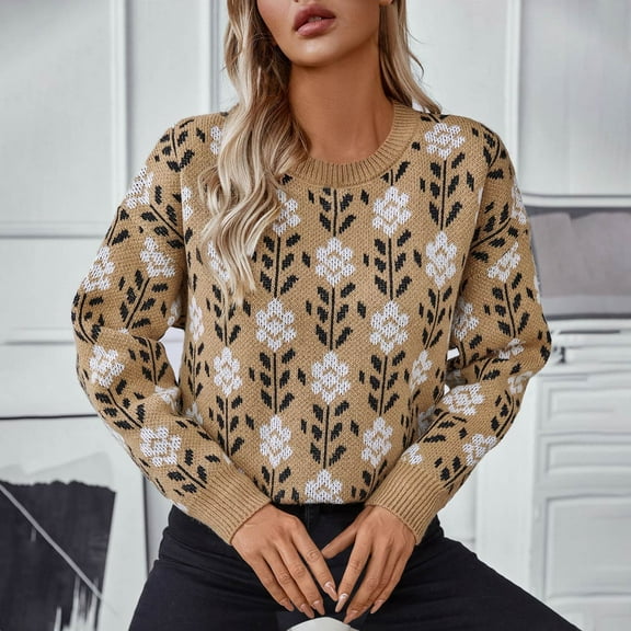 Wancir Women’s Graphic Sweater Casual Knit Pullover Drop Shoulder Long Sleeves Crewneck Soft Jumper Tops