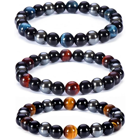 Triple Protection Bracelet, 8mm Healing Bead Bracelet, 3pcs Blue Red Tiger's Eye Obsidian Hematite Bracelet Women Men