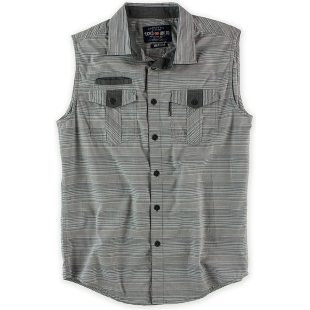 ecko unltd. camisa tejida con botones para hombre de man of war, gris, extra pequeña — Camisa sin mangas abotonada al frente en 100% algodón con cuello spread y estampado de rayas multidireccionales en gris cigargrey; botones oscuros centrados y dos bolsillos de pecho con solapa y botón visibles en vista frontal sobre fondo neutro. También suele usarse como capa ligera para viajes casuales.