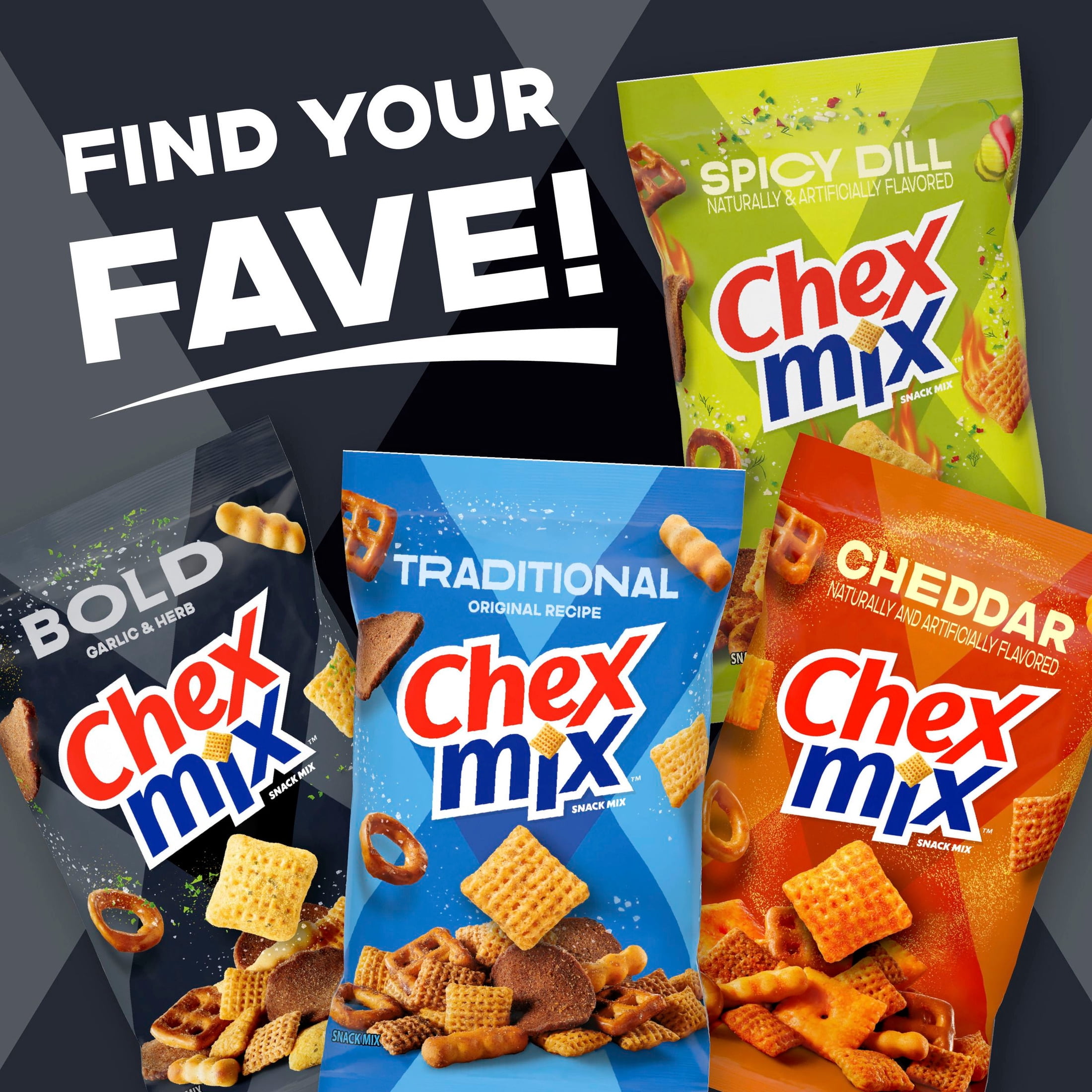 (4 pack) Chex Mix Bold Garlic and Herb Snack Mix, Family Size, Snacks, 13.5 oz