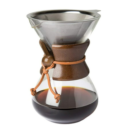 Pour Over Coffee Maker with Borosilicate Glass Carafe and Reusable Stainless Steel Permanent Filter by Comfify - Manual Coffee Dripper Brewer with Real Dark Brown Wood Sleeve - 30 oz. - Free