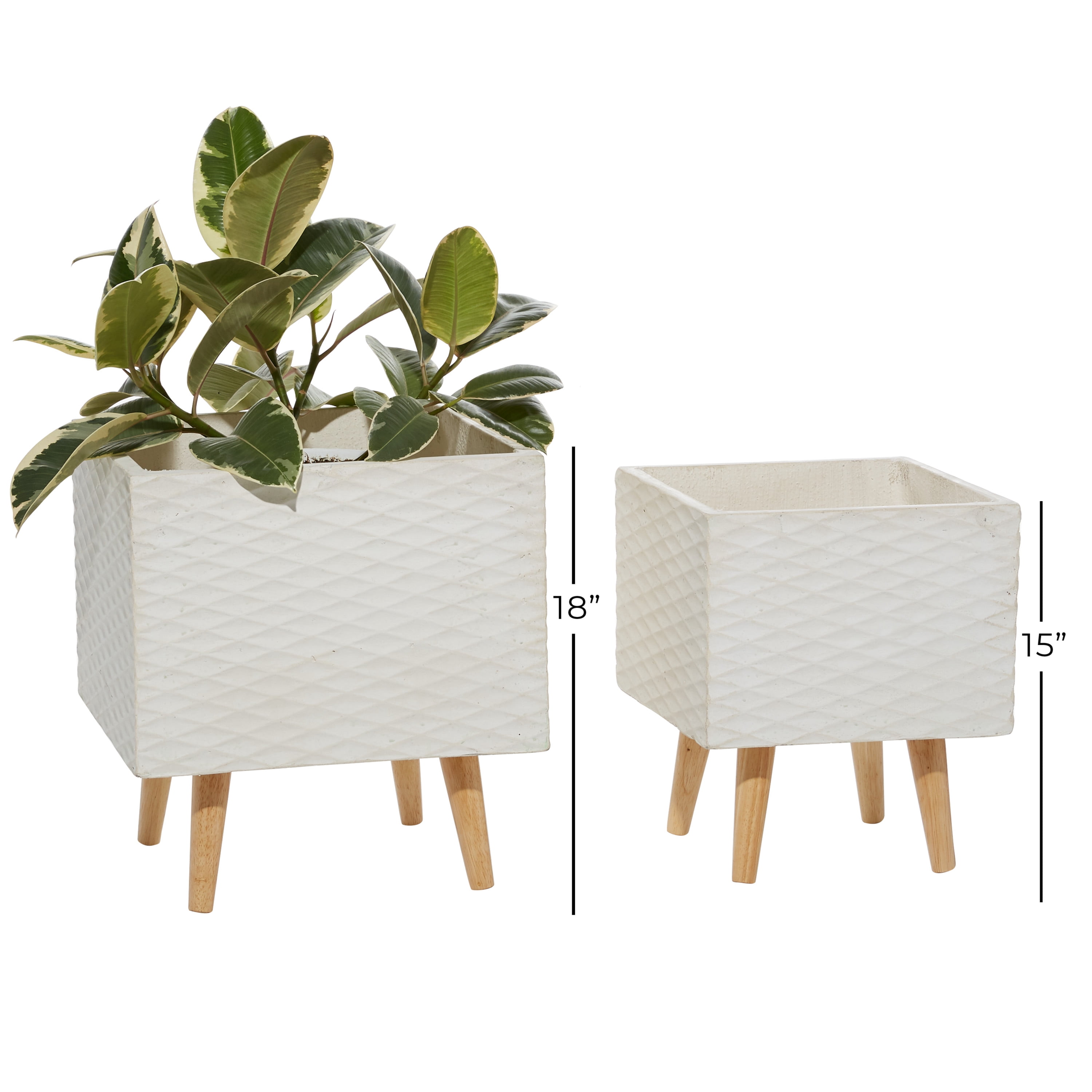 DecMode 16", 18"H Indoor Outdoor White Ceramic Planter with Wood Legs (2 Count)