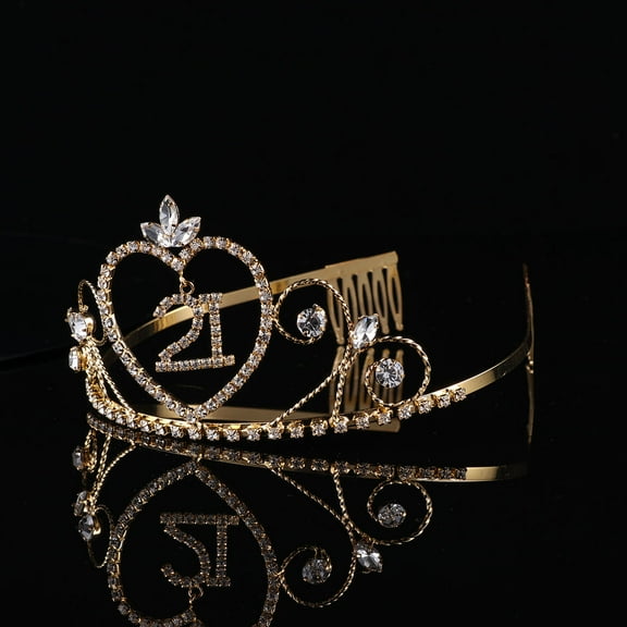 WHAMVOX 1pc 21 Years Old Birthday Crown Alloy and Rhinestone Number Comb Crown Elegant Headwear (Golden)