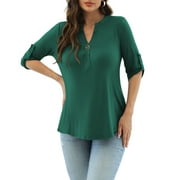 VERABENDI Women's Plus Size Tops 3/4 Sleeve Shirts Dressy Casual Metal Buckle V-Neck Tunic Blouses,M-4XL