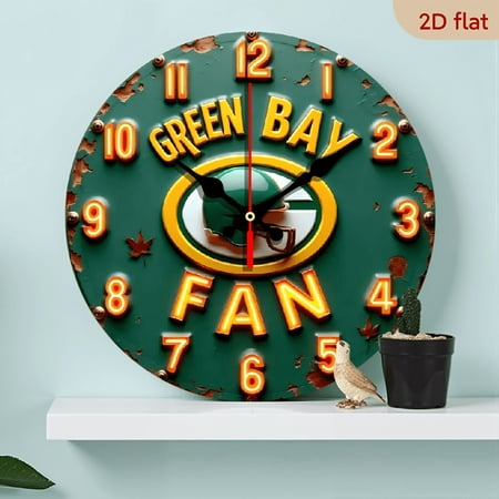 The 10-inch 2D flat Green Bay fans silent wooden wall clock is an ideal gift for Halloween, Easter and Christmas