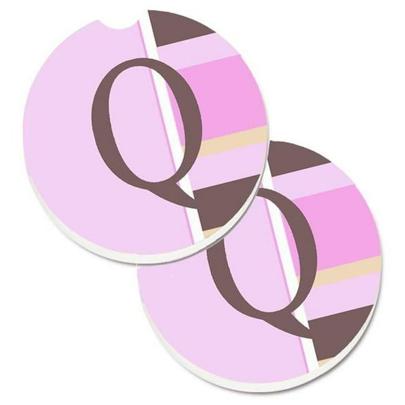 Letter Q Initial Monogram Pink Stripes Set of 2 Cup Holder Car Coaster