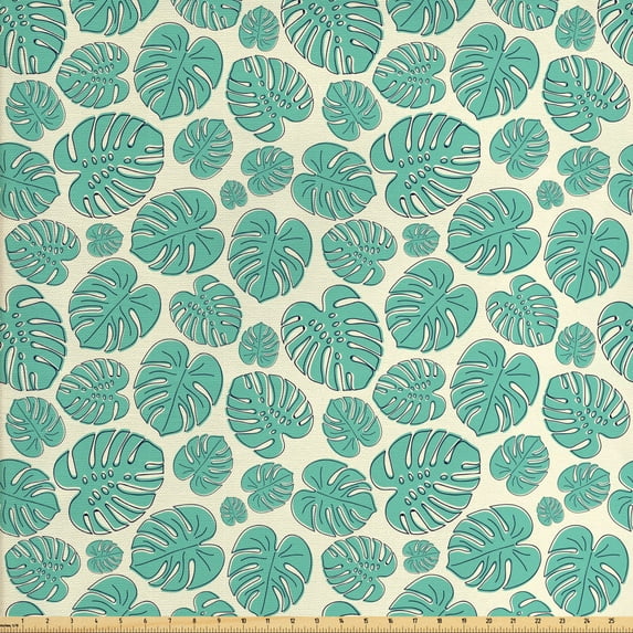 Philodendron Fabric by the Yard, Continuous Irregular Leaves Pattern with Botanical Summer Jungle, Upholstery Fabric for Dining Chairs Home Decor Accents, Cream and Seafoam by Ambesonne