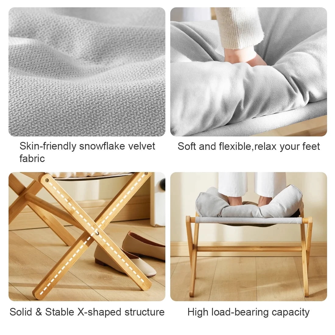 TEAFIRST Folding Footrest Stool, Footstool, Small Portable Bamboo Accent Ottoman,with Padded Gray