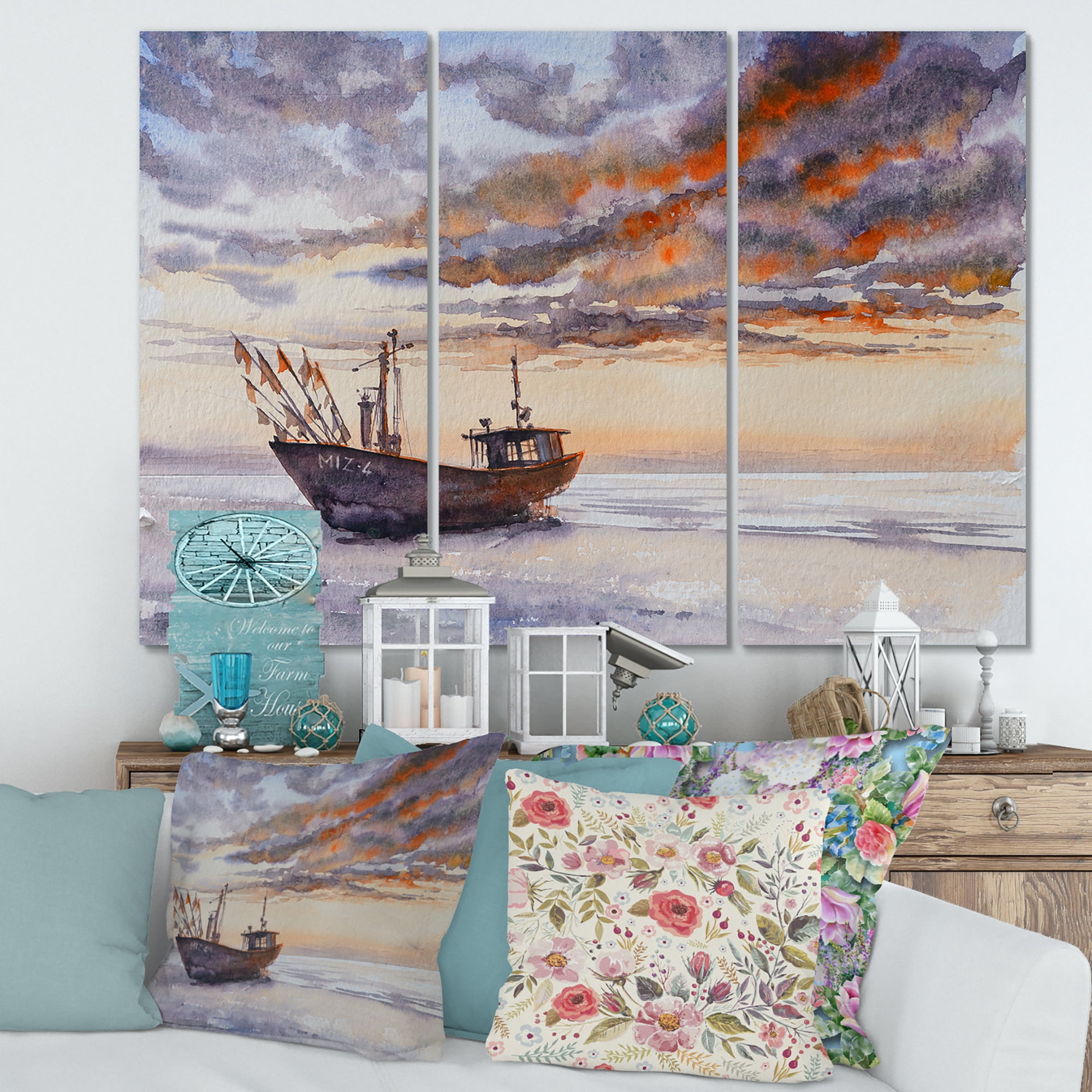 Designart ' Wooden Fishing Boat On The Baltic Shore With Evening Clouds ' Nautical & Coastal Canvas Wall Art Print