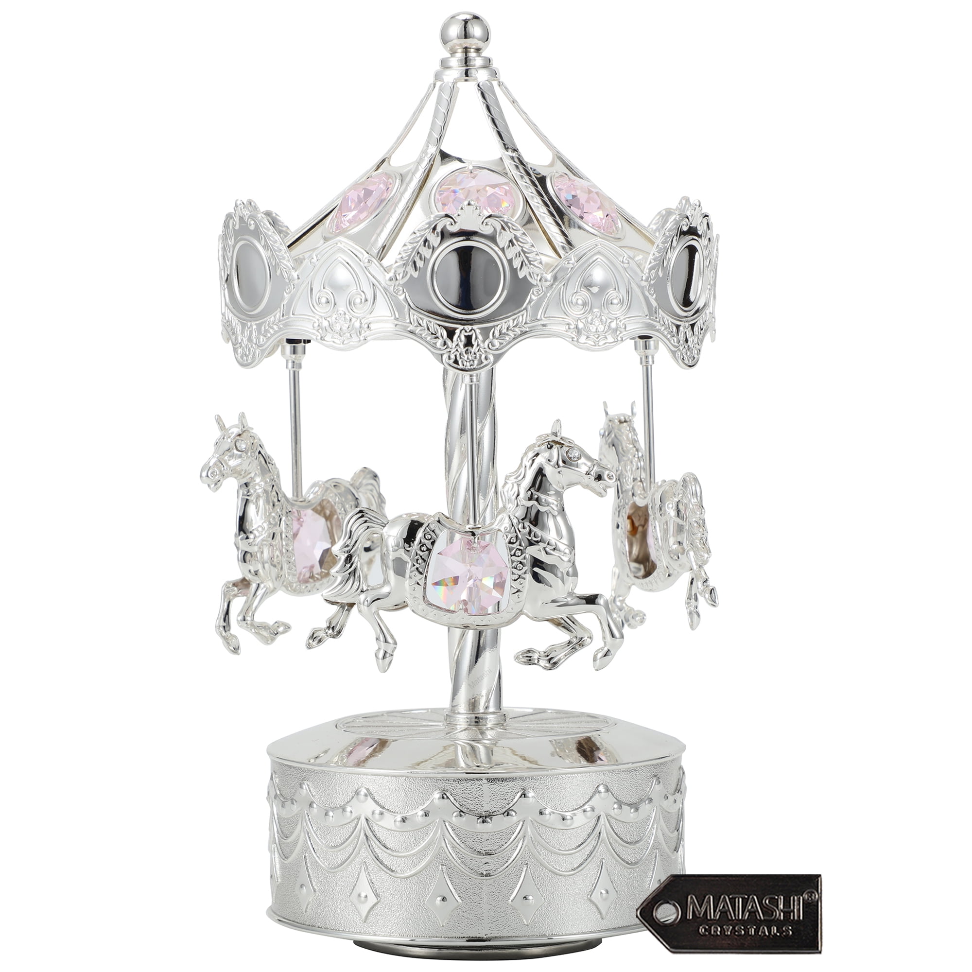 Matashi Silver Plated Music Box with Crystal Studded Silver Carousel