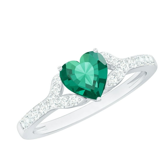 Rosec Jewels Minimal Heart Ring with Created Emerald and Diamond for Women (7 mm), 925 Sterling Silver, US 4.00