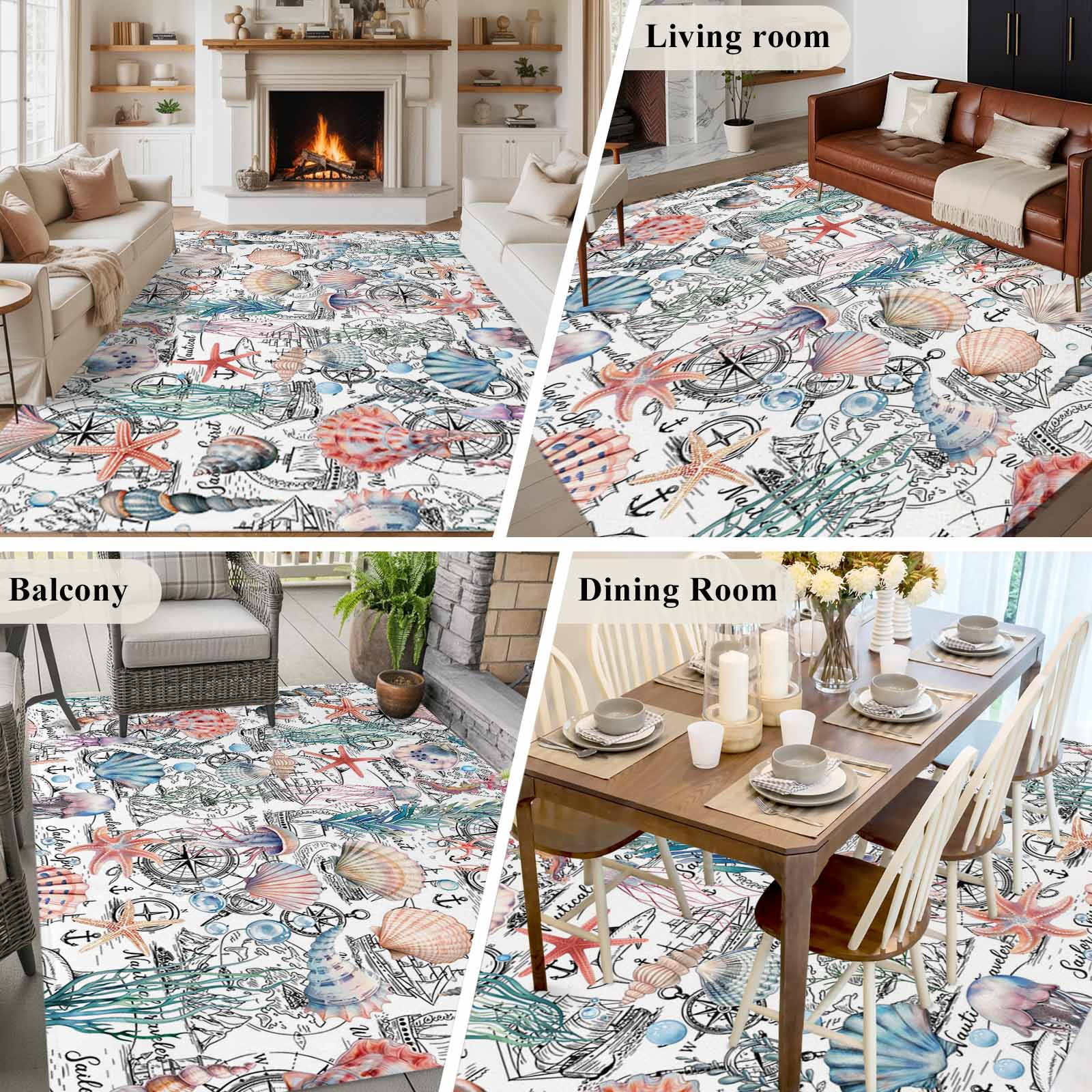 Shell Starfish Coastal Area Rugs 6'x9', Washable Small Throw Rugs for Kitchen Dining room, Nautical Ocean Summer Beach Indoor Outdoor Rug Non-Slip Low Pile Carpet Runner Reversible Floor Mats