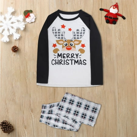 

NEGJ Matching Family Pajamas Sets Christmas Deer Letter Print Top And Plaid Pants Sleepwear For Dad