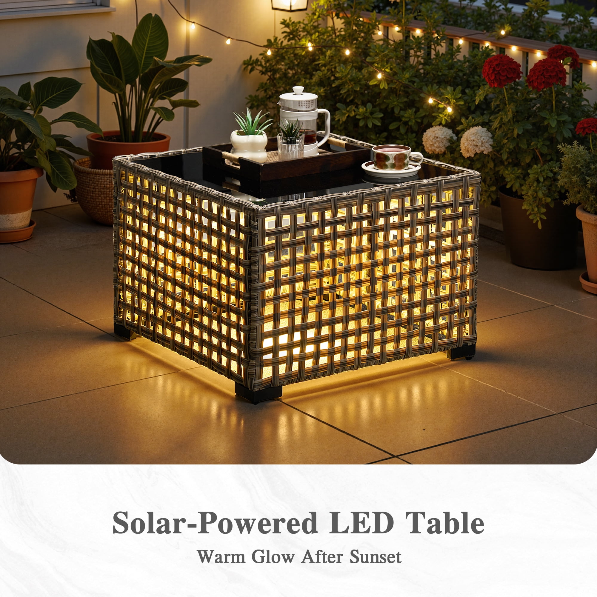 Ovios 4 Pieces Outdoor Furniture Set High Back All-Weather Wicker Patio Conversation Set with Solar Light Coffee Table, Denim Blue