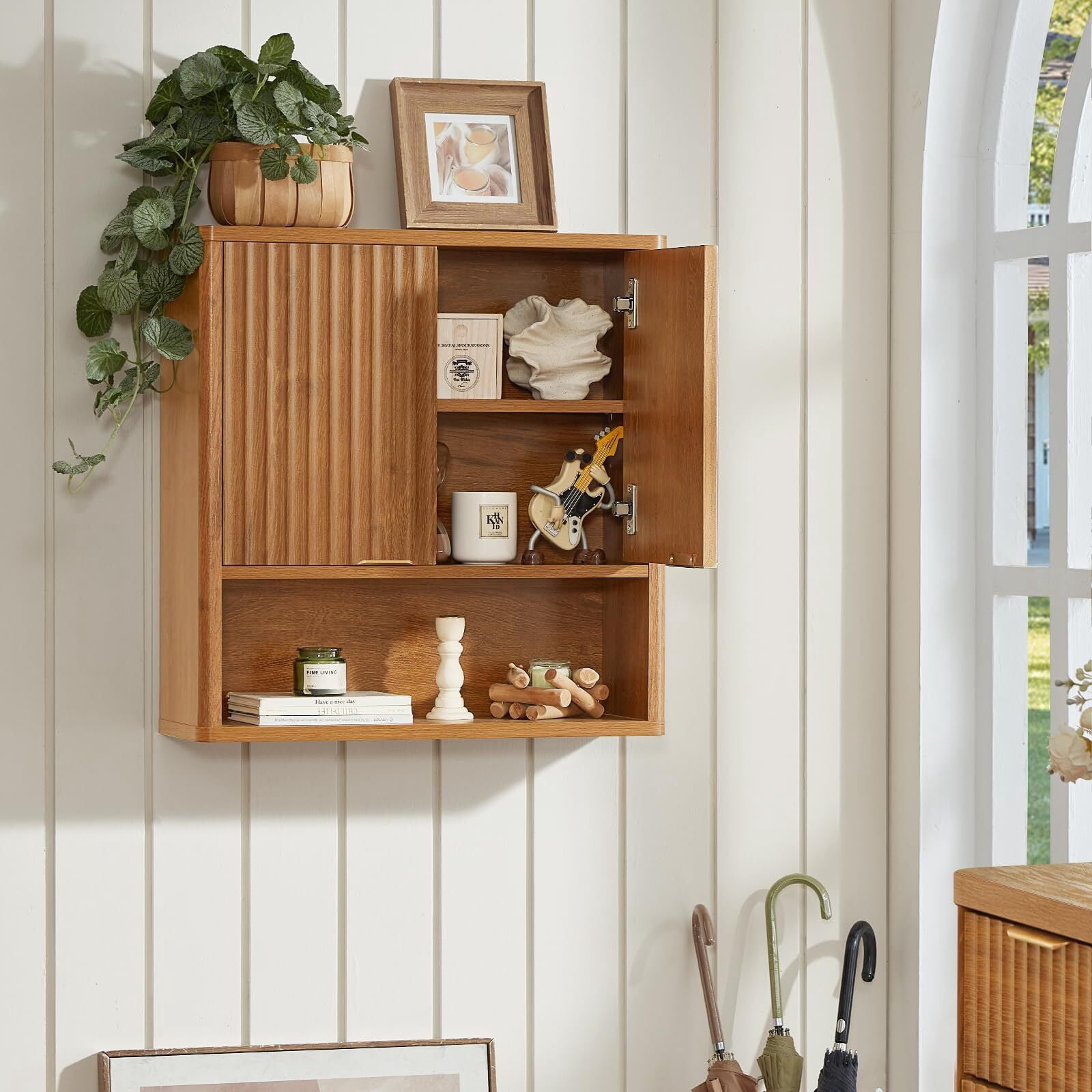 LELELINKY Rattan Wood Bathroom Wall Cabinet with Adjustable Shelf, Boho Medicine Cabinet for Over-Toilet Storage, Laundry Room, Tea Color