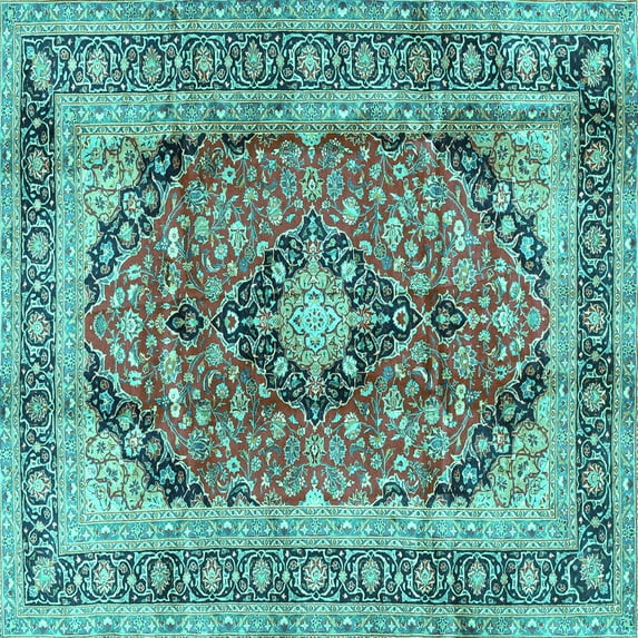 Ahgly Company Indoor Square Medallion Turquoise Blue Traditional Area Rugs, 5' Square
