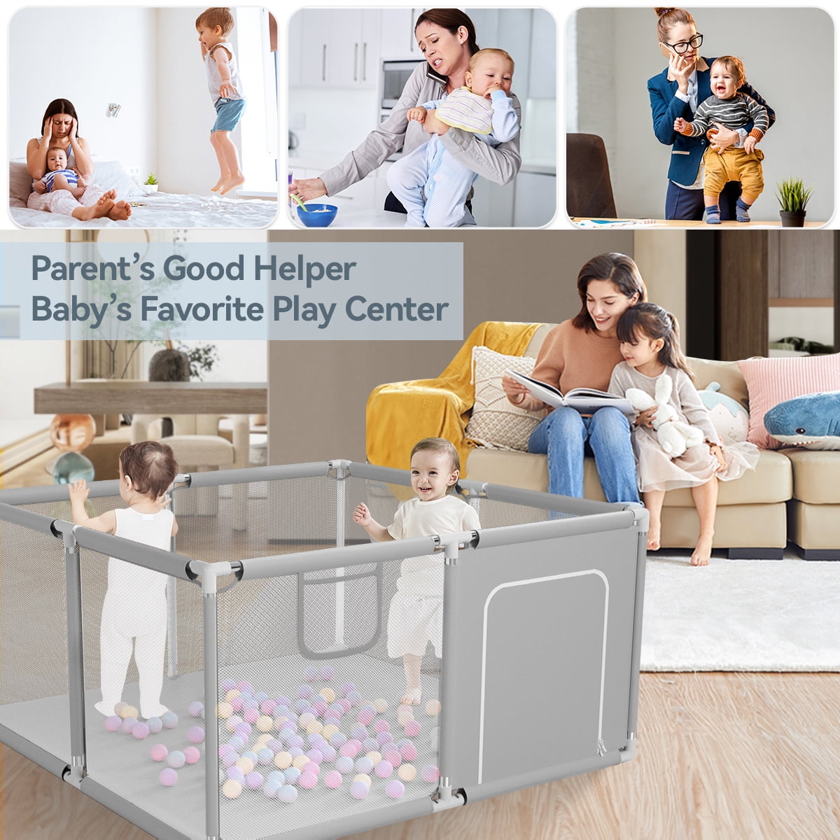 Baby Playpen, Outdoor Play Yard, Portable Play Yard 4-Panel- Baby Safety Playpen for Infant Toddler,Grey
