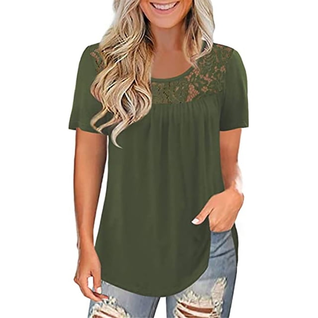 MRULIC T-Shirts pour Femmes Mode Dentelle Unie Col Rond Manches Courtes T-Shirt Blouse Hauts T-Shirts Femmes Vert + S