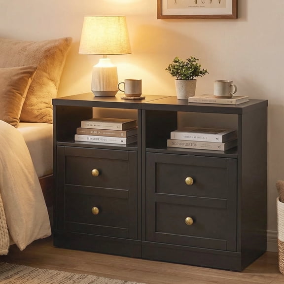 May in Color End Tables for Bedroom with Storage Shelf & Door, Set of 2 Nightstand, Small Side Table for Living Room, Dorm, Faux 2-Drawer Bedside Table, Black