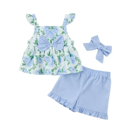 

Sunisery 3Pcs Kids Toddler Girls Summer Outfits Floral Print Square Neck Tank Tops + Frill Trim Shorts + Hairband Set Light Blue 3-4 Years