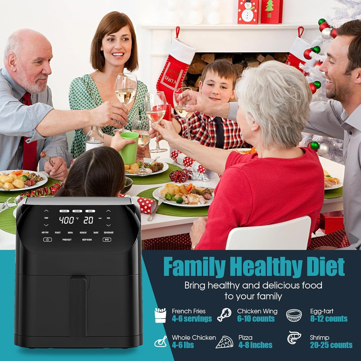 Air Fryer 6.2 QT Large Capacity Oilless Hot Air Fryers Oven 1500W Healthy Cooker with 8 Presets, Digital LCD Touch Screen, Visual Cooking Window, Non-Stick Basket, Included Recipe