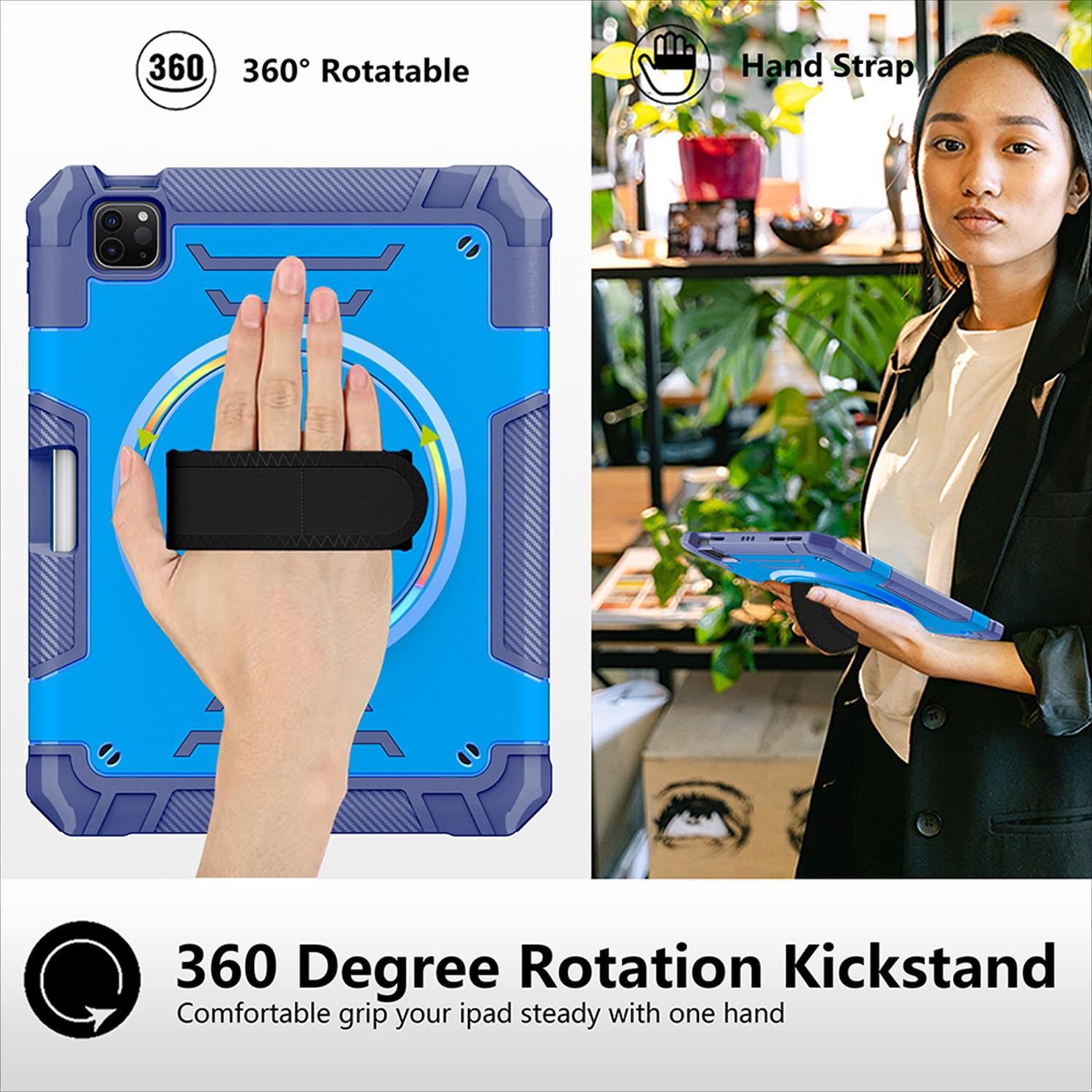 Shockproof Case for Apple iPad Pro 11 Inch 2024 M4, with Pencil Holder Military Grade Protection Rotating Stand Hand Strap Shoulder Strap Bumper Rugged Case for iPad Pro 11" 2024, Blue