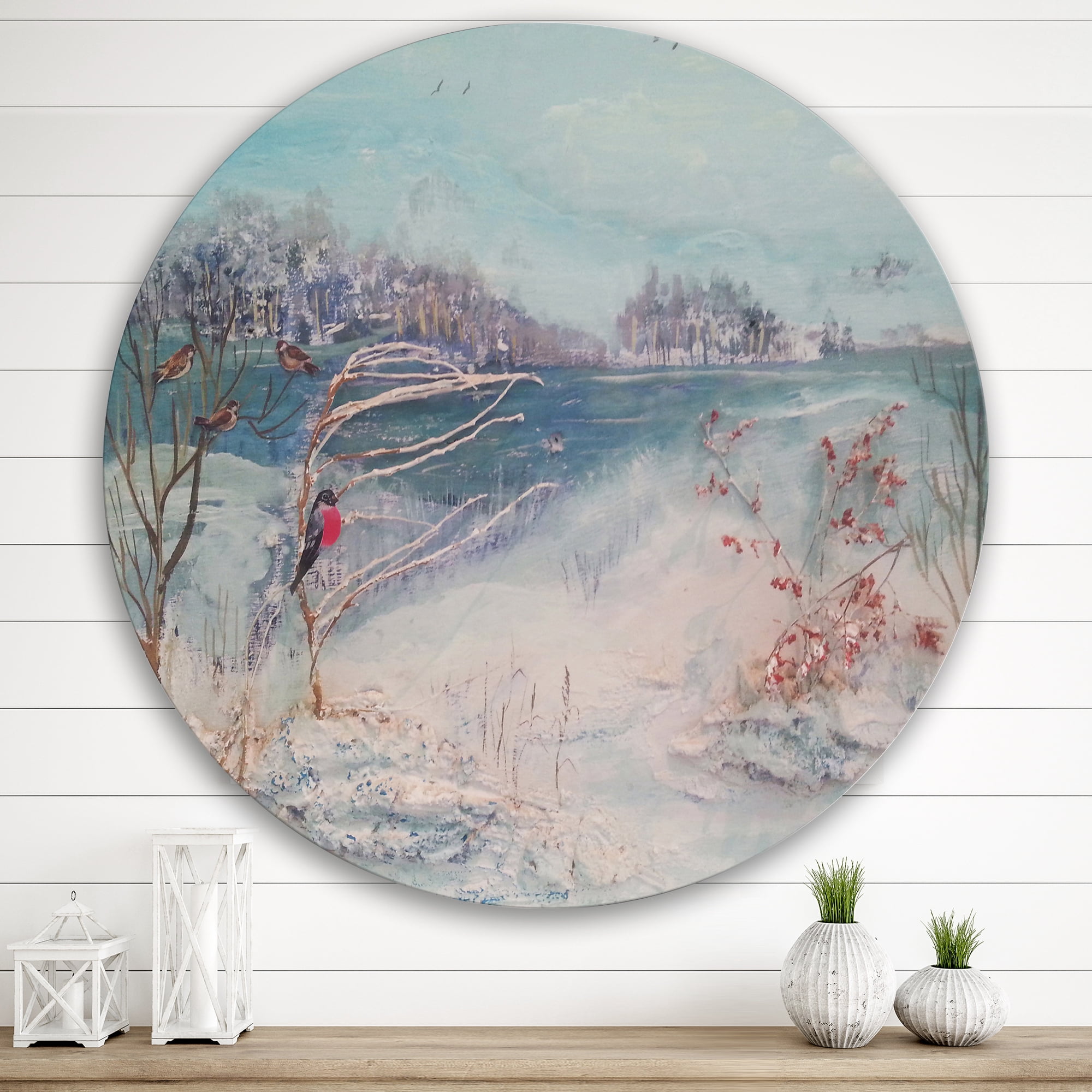 Designart 'Birds and Winter Trees By River' Lake House Circle Metal Wall Art 29x29 - Disc of 29