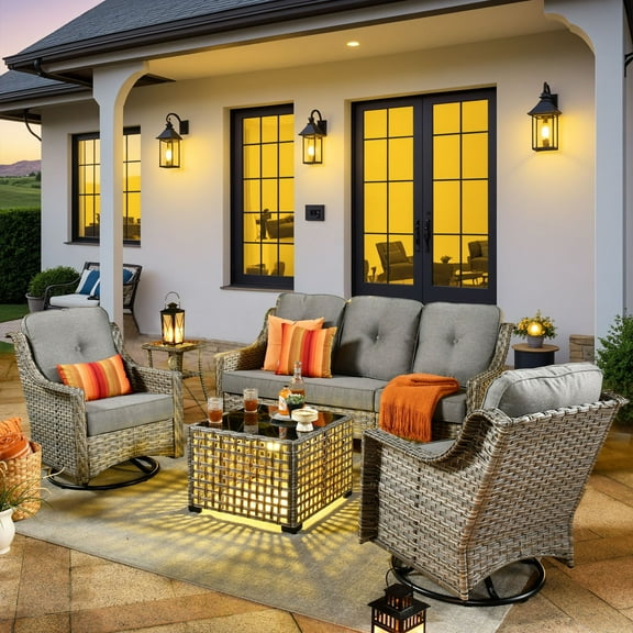 Vcatnet Outdoor Patio Furniture with Swivel Rockers 5 Pieces Sectional Sofa All Weather Wicker High-Back Conversation Set with Coffee Table, Dark Gray