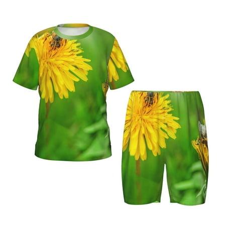 Luyuia Bees Pollinates A Yellow Dandelion Print Girls  2-Piece Tie-Dye Pajama Set  Cute Summer Loungewear with Shirt and Tank Shorts Nightwear-4X-Large