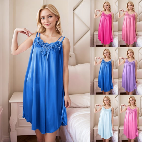 YHAJDS Sleep Shirts For Women Solid Color Short Sleeve Satin Like Sleep Dress